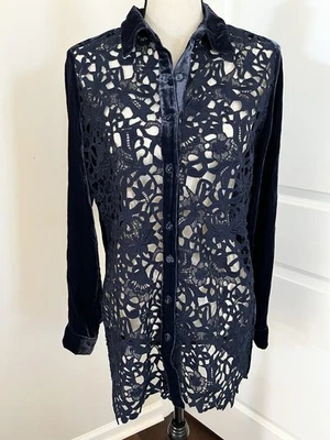 JOHNNY WAS Velvet Flicka Button Down Shirt Navy Blue Size Small EUC Retail $340 - Image 1 of 4
