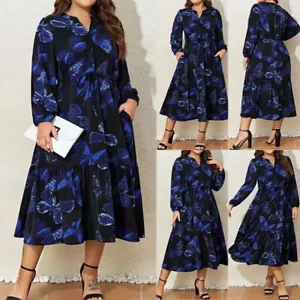 Plus Size Womens V-Neck Butterfly Printed Party Midi Dress Ladies A-Lined Dress - Picture 1 of 16