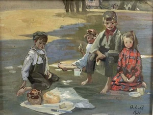 Gouache Painting The Travellers Rest 1911 Signed O.L.B. - Picture 1 of 6