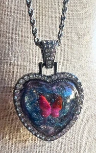 Handmade Hand-Painted Rhinestone Accents Butterfly Heart Necklace Silver Chain - Picture 1 of 3