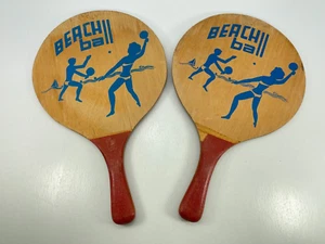 Vintage Pair of HOWSCO Bikini Girl Boy Wooden Paddle Ball Racquet Paddles 16" - Picture 1 of 8