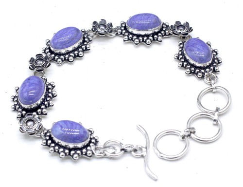 VALENTINO Bracciale in argento sterling 925 con pietre preziose Charoite fatto a mano misura 7 8"