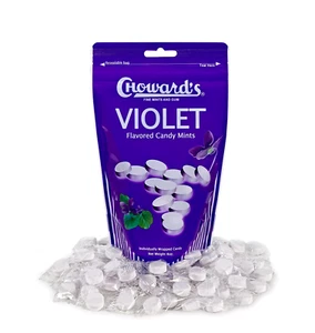 Caramelos Choward's Violet Mints en bolsa resellable - 4 oz - 64 envueltos individualmente - Imagen 1 de 2