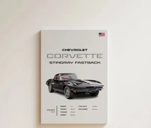 1963 Chevrolet Corvette Stingray Fastback Poster, Vintage Sports Car Wall Art - Picture 1 of 4