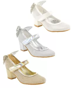 Niñas Zapatos de comunión Talón de bloque Correa al tobillo Dama de honor Brillante Bomba Calzado - Imagen 1 de 14