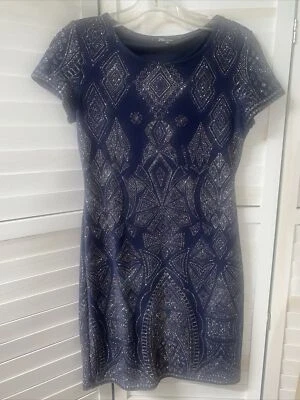 JUMP Apparel Short Sleeve Blue Silver Glitter Pencil Dress Lined Small USA Made - Image 1 of 4