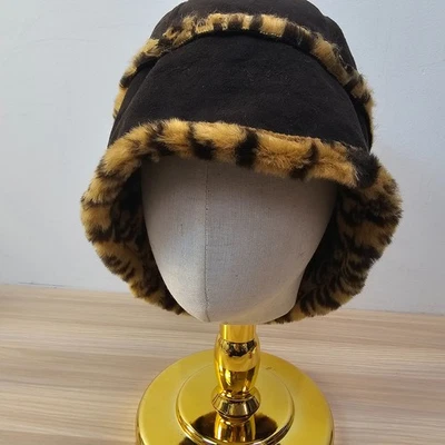Sombrero de piel de leopardo vintage para mujer marrón reversible Cloche gamuza imitación NINE COMPANY Foto 1 de 4