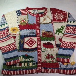 Vintage Heirloom Collectibles Country Americana Cardigan Size L Barn Hearts Flag - Bild 1 von 20