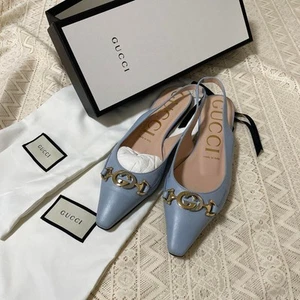 GUCCI Mules Sandals Frat Interlocking Leather Light Blue EU38/US8 JP - Picture 1 of 5