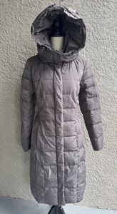 Cole Haan Taffeta Womens Down Puffer Hooded Carbon Taupe Zip Snap Parka Coat M - Picture 1 of 12