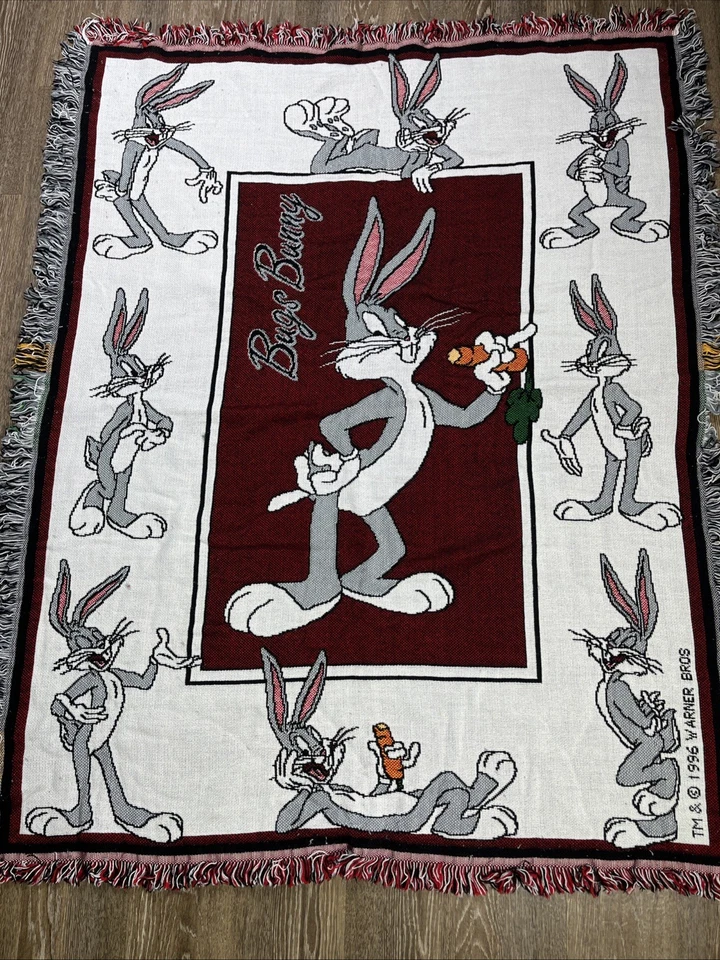Винтажный Looney Tunes жуков кролика плед Tassle бахрома 1996 Warner Bros 44 x 57 - Изображение 1 из 4