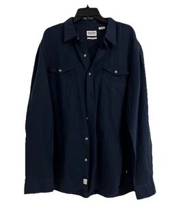 Timberland Shirt Button Down Men XXL Navy Linen Blend Slim Fit Long Sleeve Logo - Picture 1 of 23