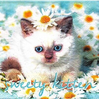 Serviettes En Papier Chat Chaton Fleurs. Paper Napkins Cat Kitten Flowers • 1€