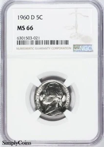 1960-D Jefferson Nickel ~ NGC MS66 ~ GEM BU UNCIRCULATED MQ - Picture 1 of 8