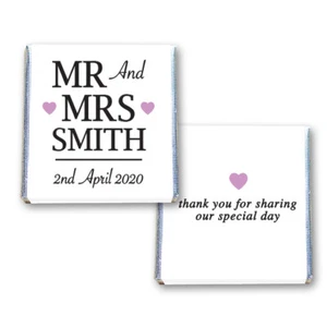 100 PERSONALISED WEDDING CHOCOLATE SQUARES FAVOURS GIFT LILAC HEARTS - MR & MRS - Picture 1 of 1