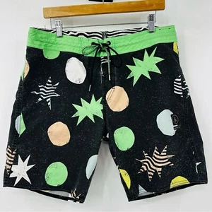 Volcom Black Green Swim Shorts Stoneys Beach Board Trunks True Mid Length Sz 34 - Picture 1 of 5