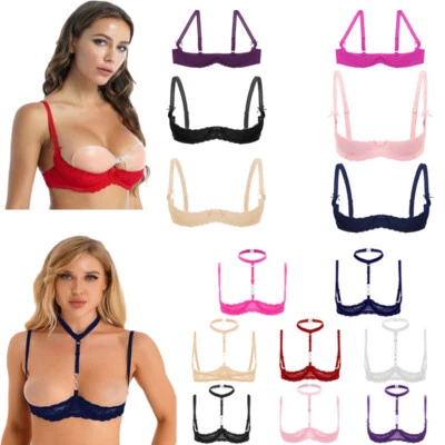 Women Sheer Lace Lingerie 1/4 Cups Bare Exposed Breast Underwire Push Up Bra Top - Image 1 of 4