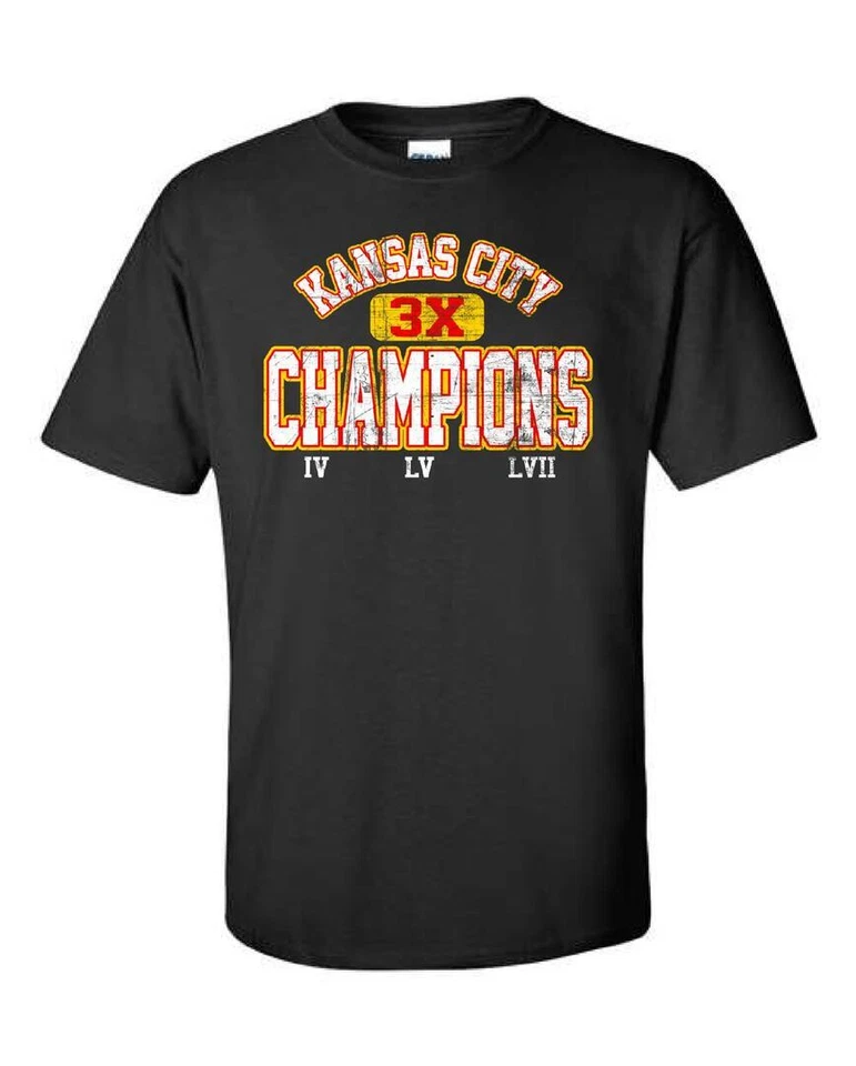 Camiseta negra Kansas City Football 3X Champs IV LV LVII Foto 1 de 1