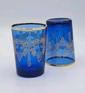Vtg Set Of 2 Cobalt Blue & Gold 4 Oz Liqueur Glasses.  - Picture 1 of 15