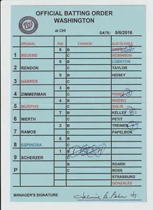 5-6-16 Washington Nationals Game Used Lineup Card - Max Scherzer & Bryce Harper - Picture 1 of 1