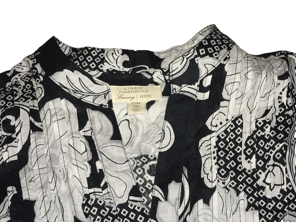 LINO CHARTER CLUB LUX PETITE PM TOP/BLUSA ABOTONADA NEGRA BLANCA 3/4 SLV USADA EN EXCELENTE CONDICIÓN Foto 1 de 4