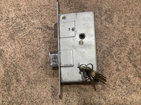 Vintage complete Mortise lock set with cylinder and door plates from 1980s Cover