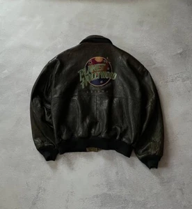 VINTAGE Planet Hollywood London Jacket Men XL Brown Leather Bomber Reversible - Picture 1 of 16