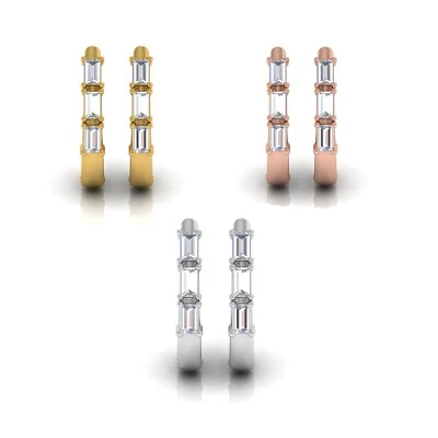 0.34 Ct Real H/SI Baguette Diamond Hoop Earrings 14k Gold Wedding Jewelry Gift - Image 1 of 4