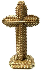 Tramp Art Kreuz Volkskunst Hobo Kunst vergoldet handgeschnitzt Holz 10" x 5,5" x 3" - Bild 1 von 12