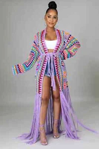 Women's Cardigans Crochet Knitted Maxi Fringe Coats Jacket Casual Sweater Ladies - Picture 1 of 21