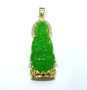 Genuine Green Jade Cubic Zirconia Guanyin Bodhisattva Kwan-yin Pendant Necklace - Picture 1 of 4