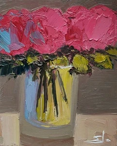 PINK FLOWERS OIL PAINTING VIVEK MANDALIA IMPRESSIONISM COLLECTIBLE 8X10 ORIGINAL - Imagen 1 de 6