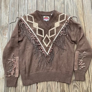 Pull d'extérieur vintage Miller marron M marron daim cuir franges perles western - Photo 1/15