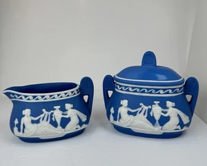 Lot 2 Blue Jasperware Japan Covered Sugar Jar & Creamer Lyre/Urn Relief VTG - Picture 1 of 23