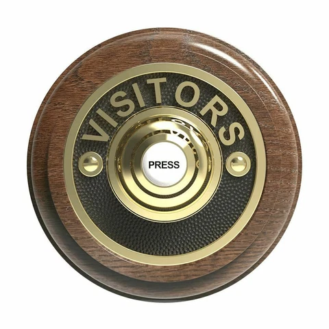 Traditional Round Wired Doorbell VISITORS in Tudor Oak and Brass Cover