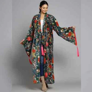 OFMD Floral Printed Velvet Banyan Fabric Kimono Cotton Velvet Robe Long Jacket - Picture 1 of 5