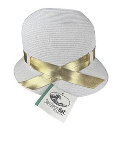 San Diego Hat Co. Neu mit Etikett Damen weißes Band Crusher Gold Schleife Detail Stroh Einheitsgröße - Bild 1 von 8