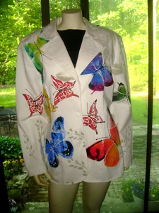 Vtg  80's~Marguerita Hand Painted  BUTTERFLY cotton blazer~LARGE~UNIQUE - Picture 1 of 4