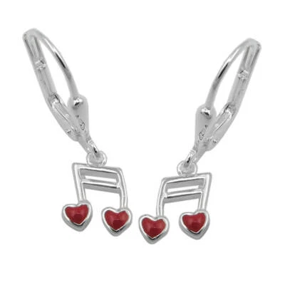 Paio Orecchini Pendenti 24x7mm Nota Musica Doppelnoten con Cuore Rot 925 Argento - Immagine 1 di 2
