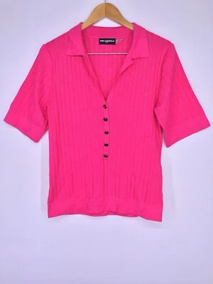 Karl Lagerfeld Paris Ribbed Button Front Collared Short Sleeve V Neck Sweater - Image 1 of 4