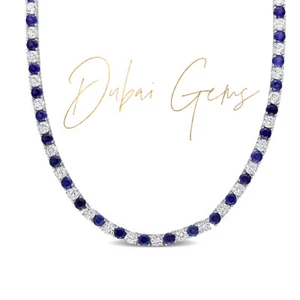 WHITE GOLD FINISH Round Cut Created Diamond and Blue Sapphire Necklace (17 INCH) - Picture 1 of 5