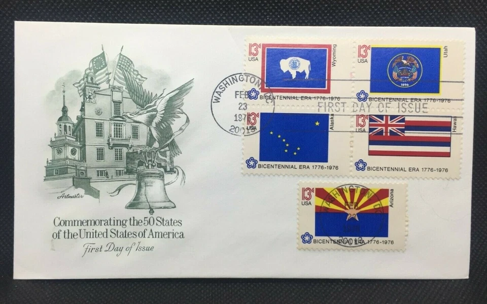 FDC Envelope & Stamp: Commemorating 50 United States AZ, HI, WY, UT, AK  1976 - Image 1 of 3