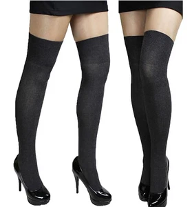 2 Paar warme Damen Overknees halterlose Strümpfe Baumwolle S-M-L graphit grau - Bild 1 von 3