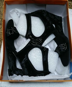 New York Transit Shoes Open Toe Wedge Heels Black W/silver Glamstones 7 M - Picture 1 of 7