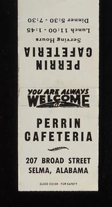 Perrin Cafetería 207 Broad Street Selma AL Dallas Co Matchbook Alabama década de 1950 - Imagen 1 de 2