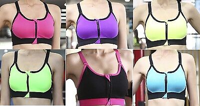 Front Zip Sports Bra Gym Yoga Aerobics Crop Top Vest Stretch  Padded High Impact • 8.39€
