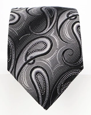 Gravata masculina Van Heusen 100% seda jacquard paisley preta cinza prata 60 x 3,25 - Imagem 1 de 3