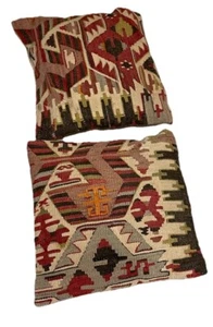 Set of Two 100% Turkish Wool Kilim Decor Pillows Cushions 16x16” Turkey & Insert - Picture 1 of 9