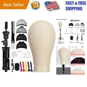 Complete 23 Inch Wig Making Set - Canvas Head with Stand, Caps, T Pins & Brush - Picture 1 of 11