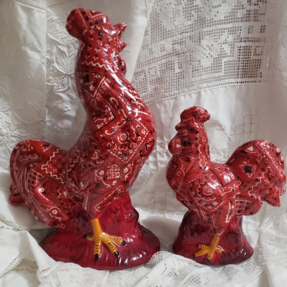 Набор из 2 петух кок курица 7 «и 11,5» красный бандана кантри стиль керамика  - Изображение 1 из 4